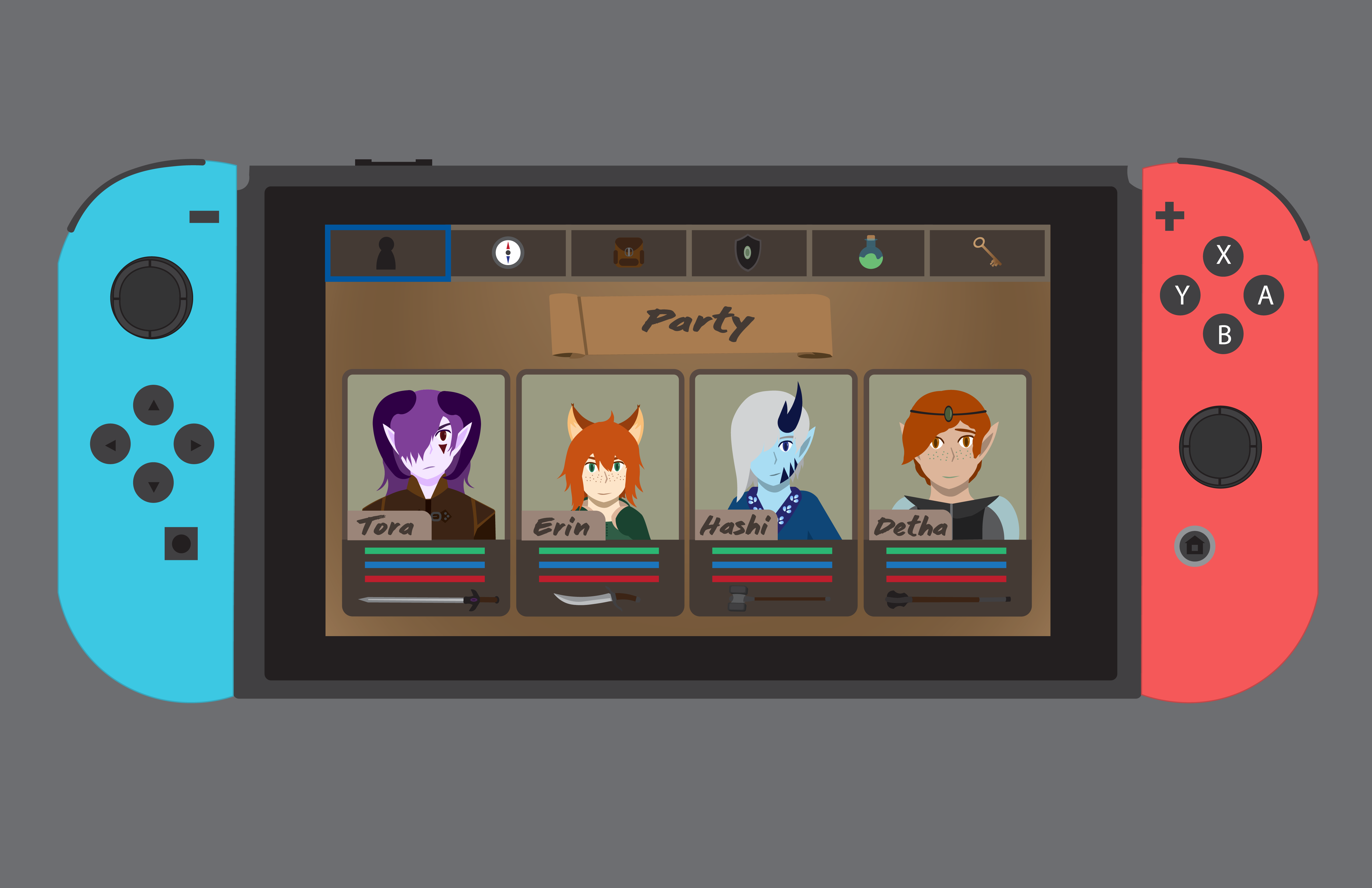 Character Mockup
In my Portfolio & Career Development class at Carroll Community College, we were tasked to make an additional portfolio piece to relate to what our goals as a designer is. I chose to design a video game menu with some characters I have created, and I used Adobe Illustrator to create vector art of the Nintendo Switch mockup and the menu and characters.